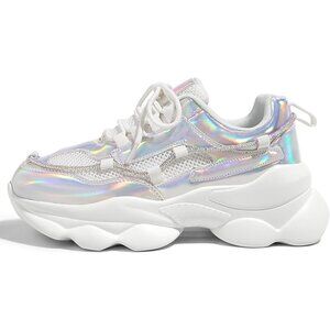 Women's 90s Chunky Sneakers Rope Platform Thick Walking Shoes Hologram Silver
